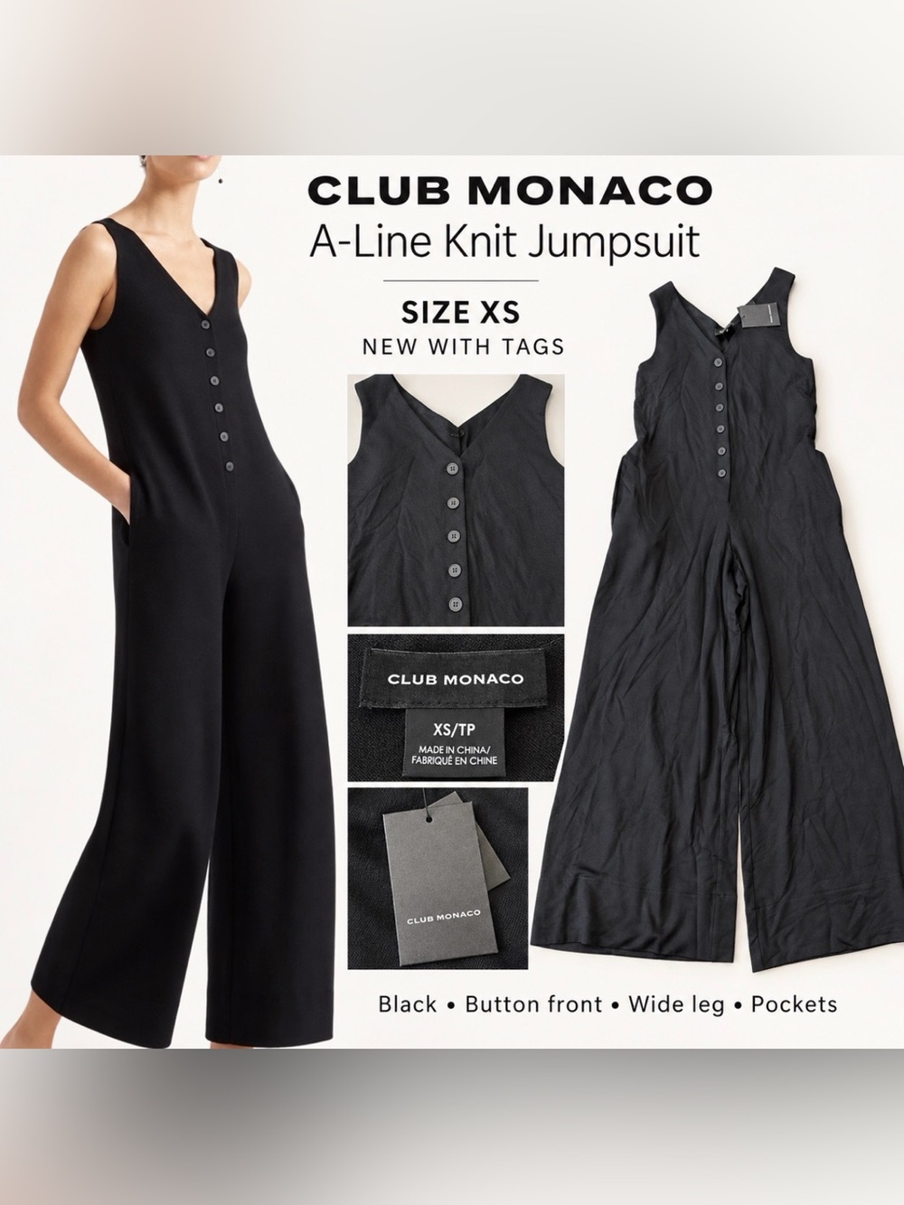 Club Monaco Black A-Line Knit Wide Leg Jumpsuit XS NWT